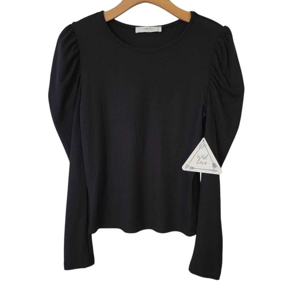 WILD LOVE Top Black Round‎ Neck Stretch Shirt Size S Classic NWT